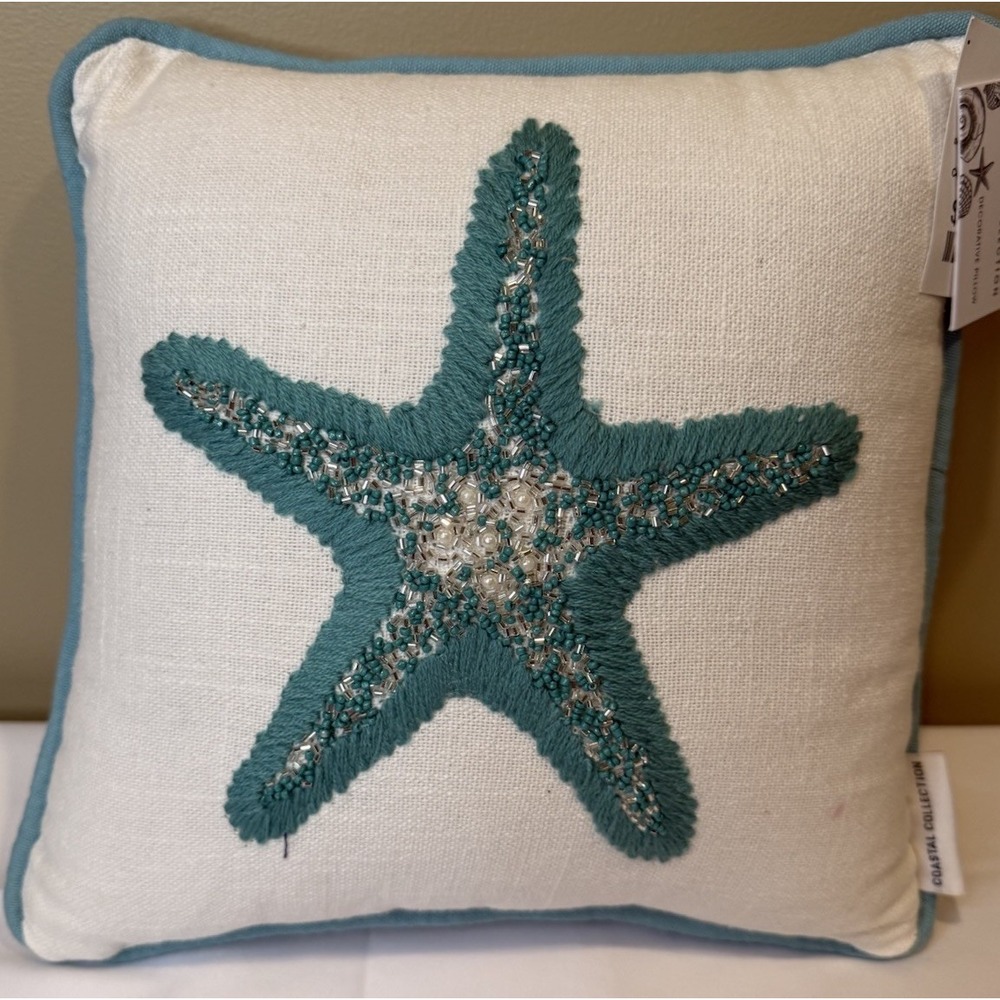 Coastal Collection Nautical Beach Beaded Starfish Pillow 12x12 Blue‎ Decor